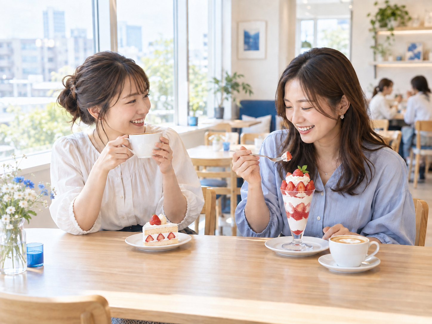 明るいカフェで友人とスイーツを楽しむ時間のイメージ