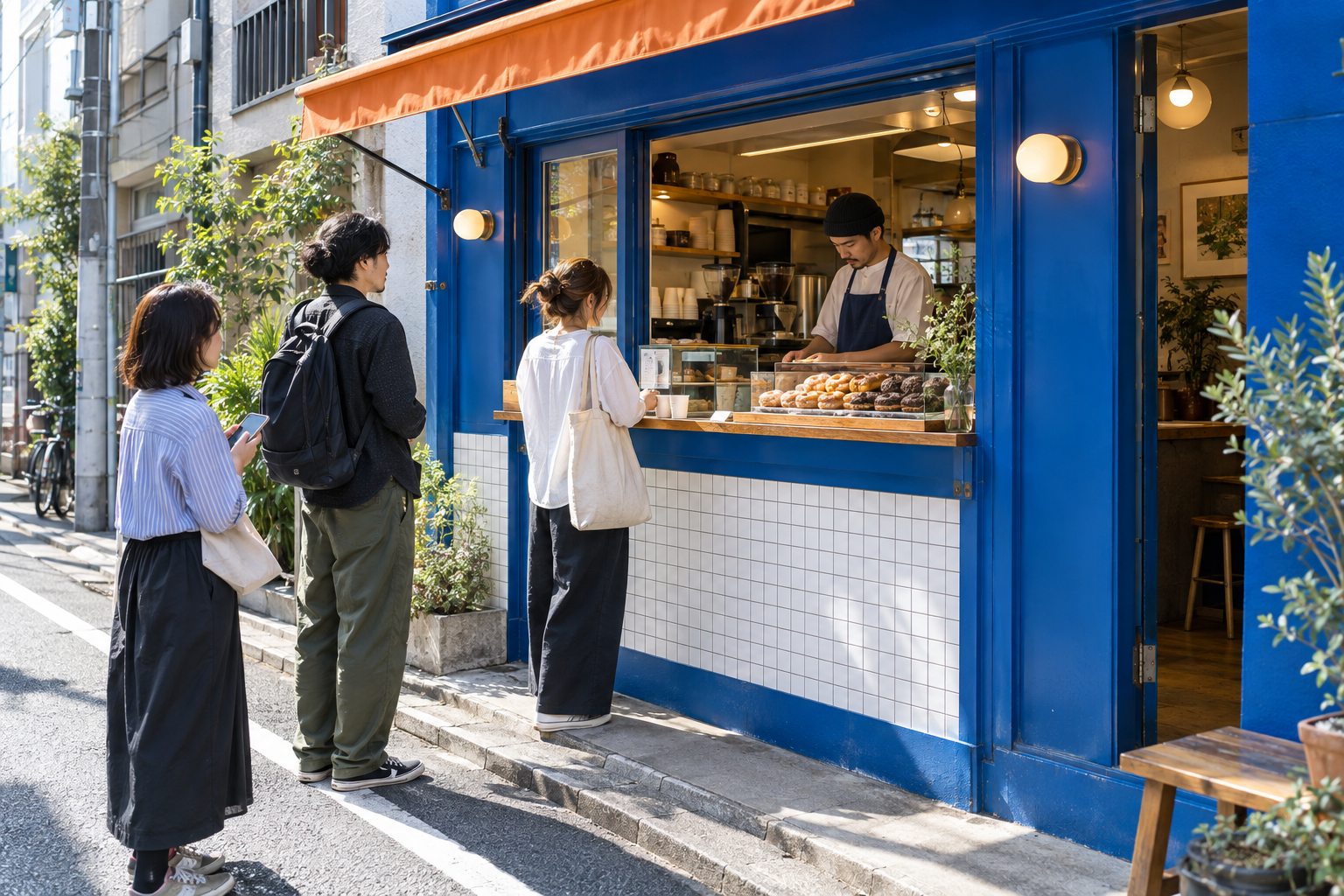 個性ある日本のドーナツ店にお客様が集まる様子のイメージ